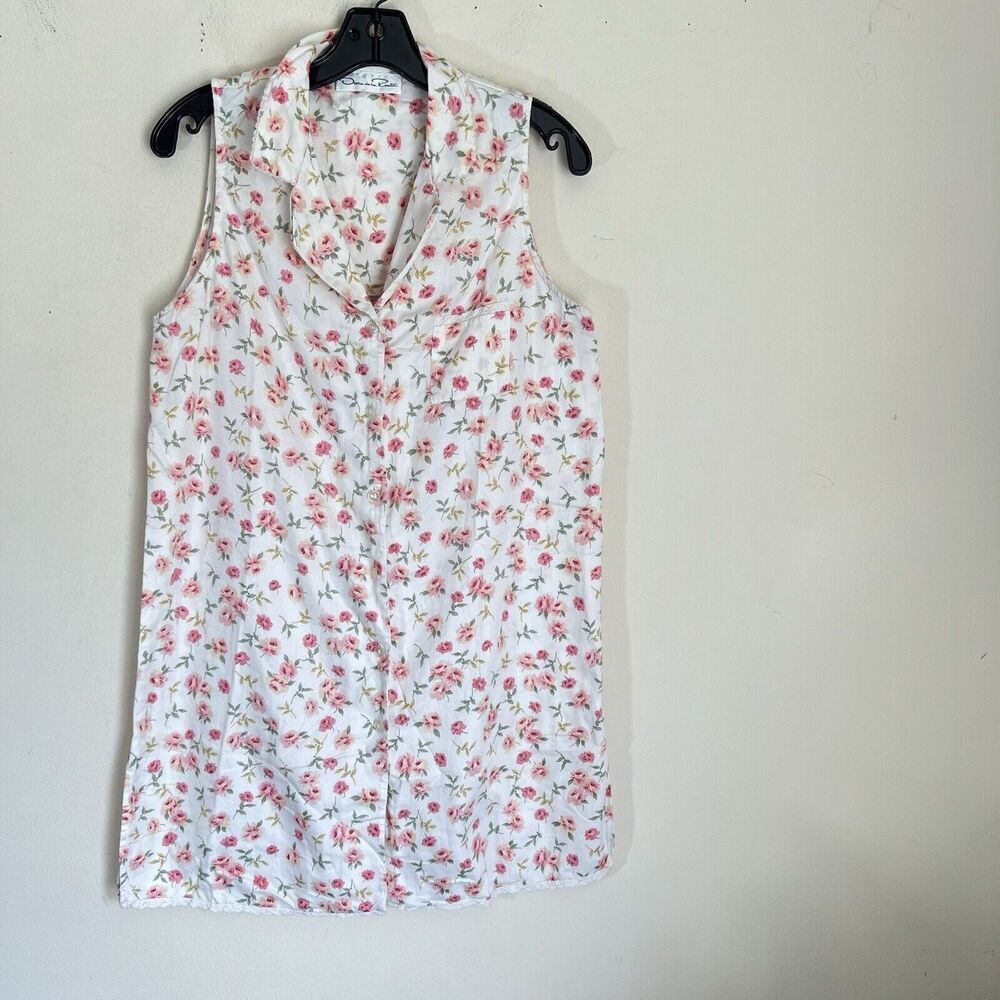 Vintage Oscar De La Renta Night Sleep Dress Button Front White Pink Floral M